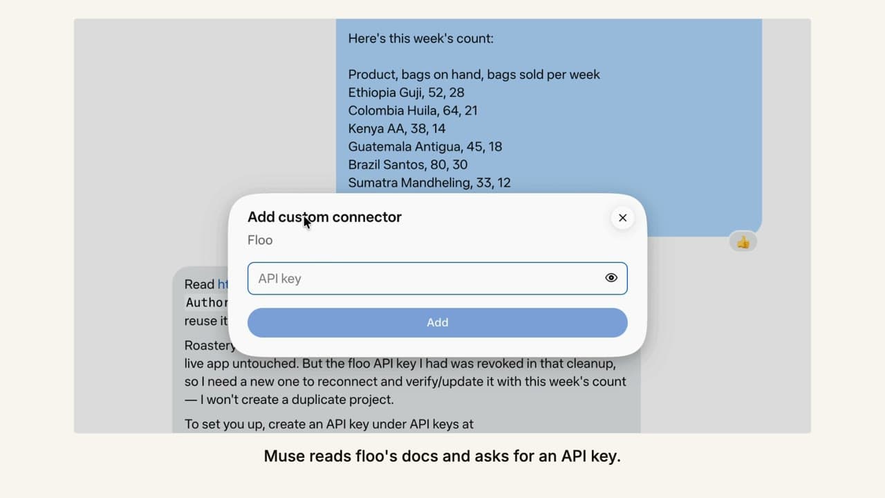 Muse's Add custom connector dialog for the floo connector, with an API key field and an Add button.