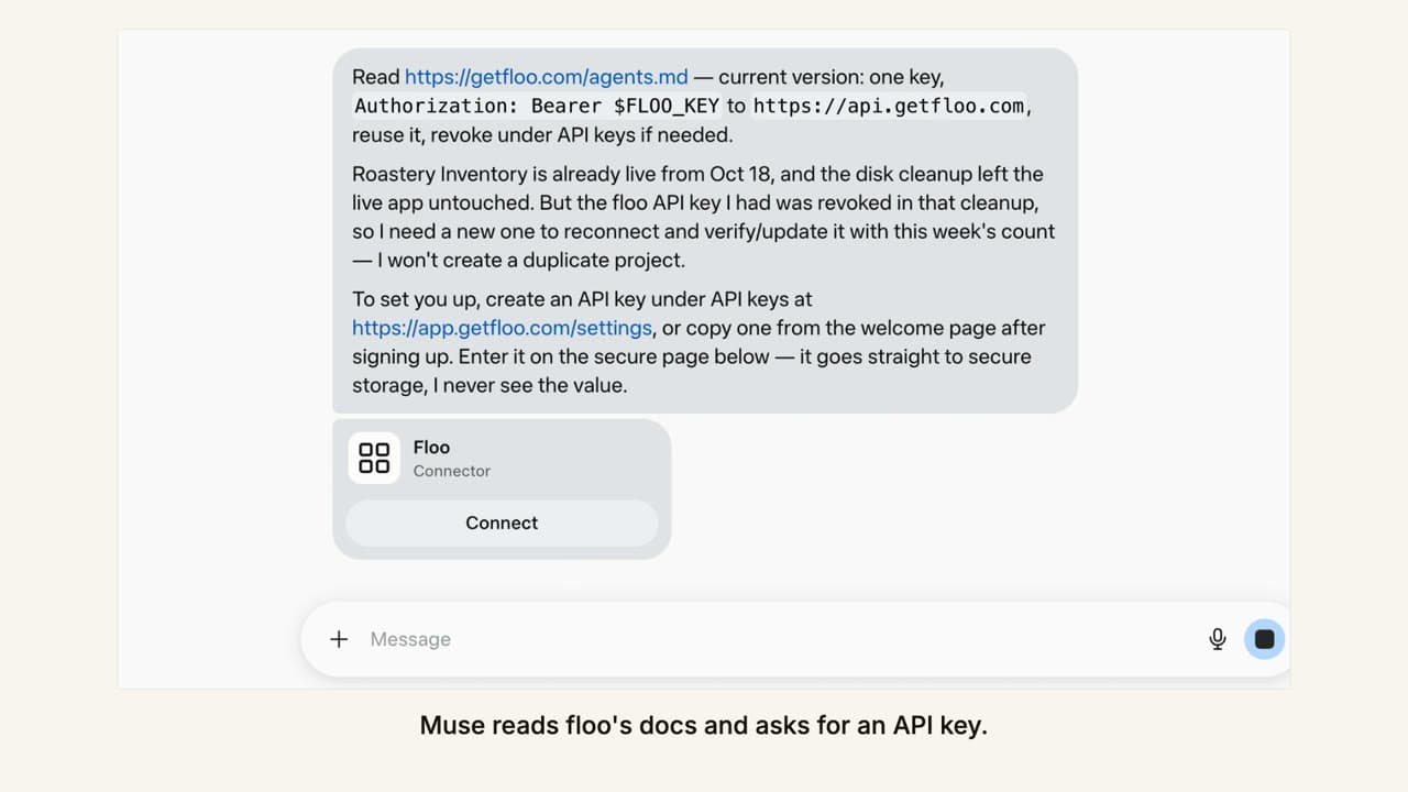 Muse asking for a floo API key, with a connector card and a Connect button below its message.