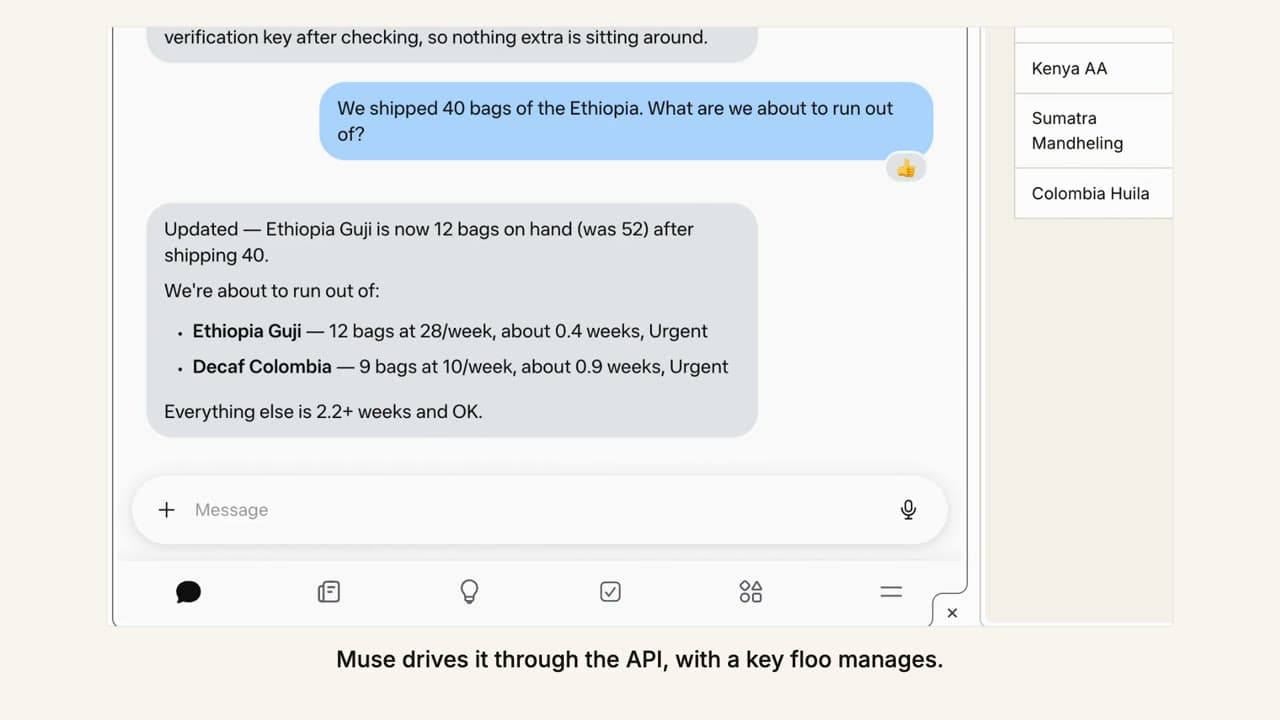 Muse updating Ethiopia Guji to 12 bags through the app's API and listing the two coffees about to run out.